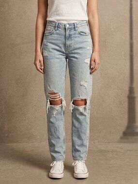 Hollister Distressed Ripped Mom Jeans Size 28/27 Light Wash High Rise